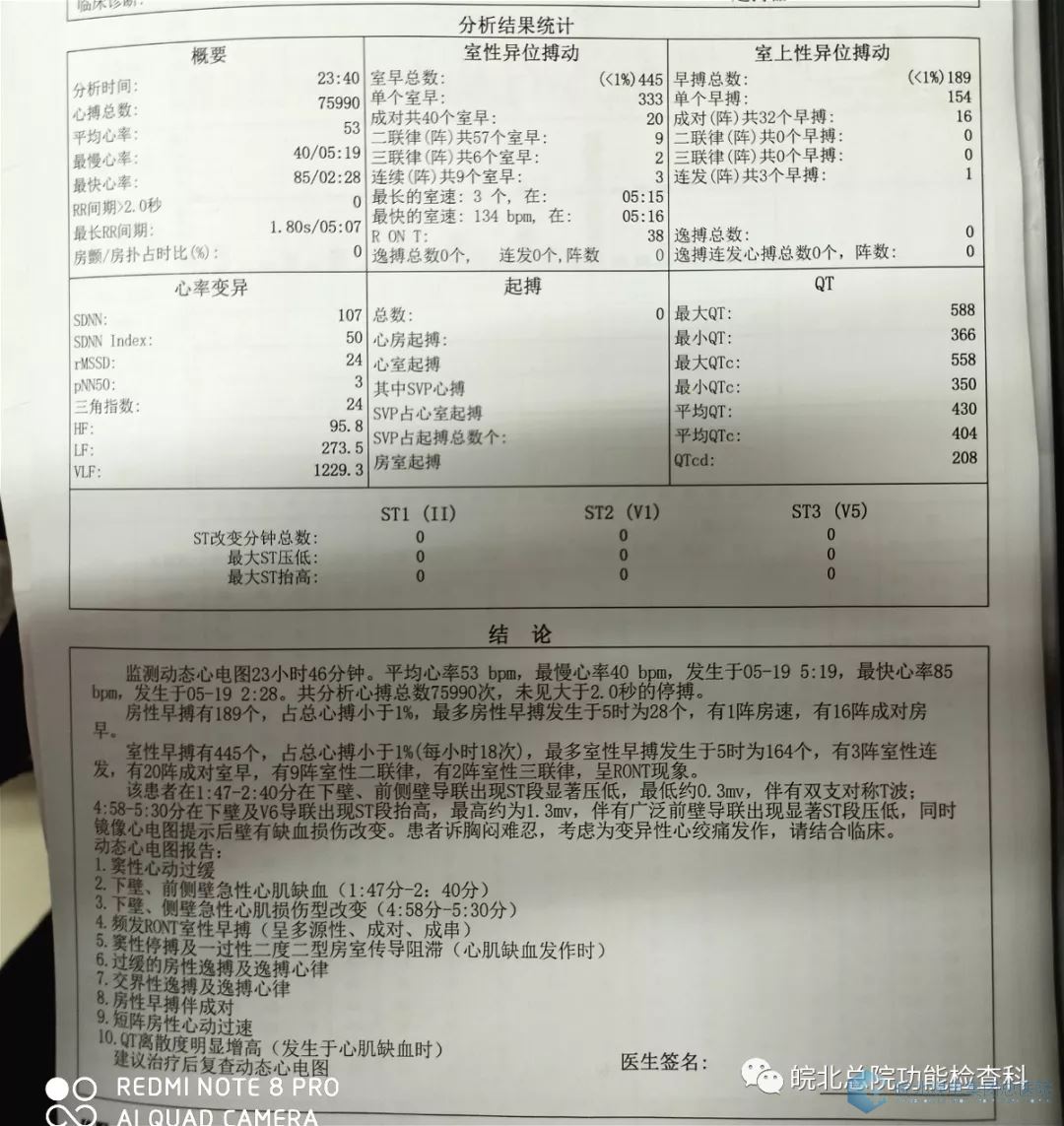 建議患者檢查動態心電圖,用以查明患者暈厥原因患者動態心電圖報告如